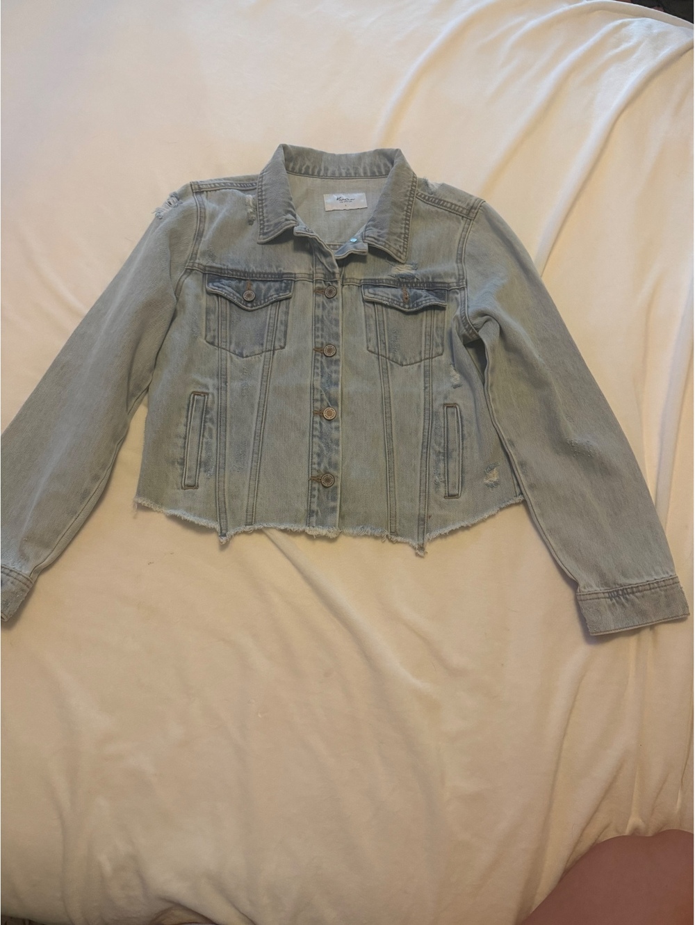 Light Wash Distressed Denim Jacket Size L by Khan Can